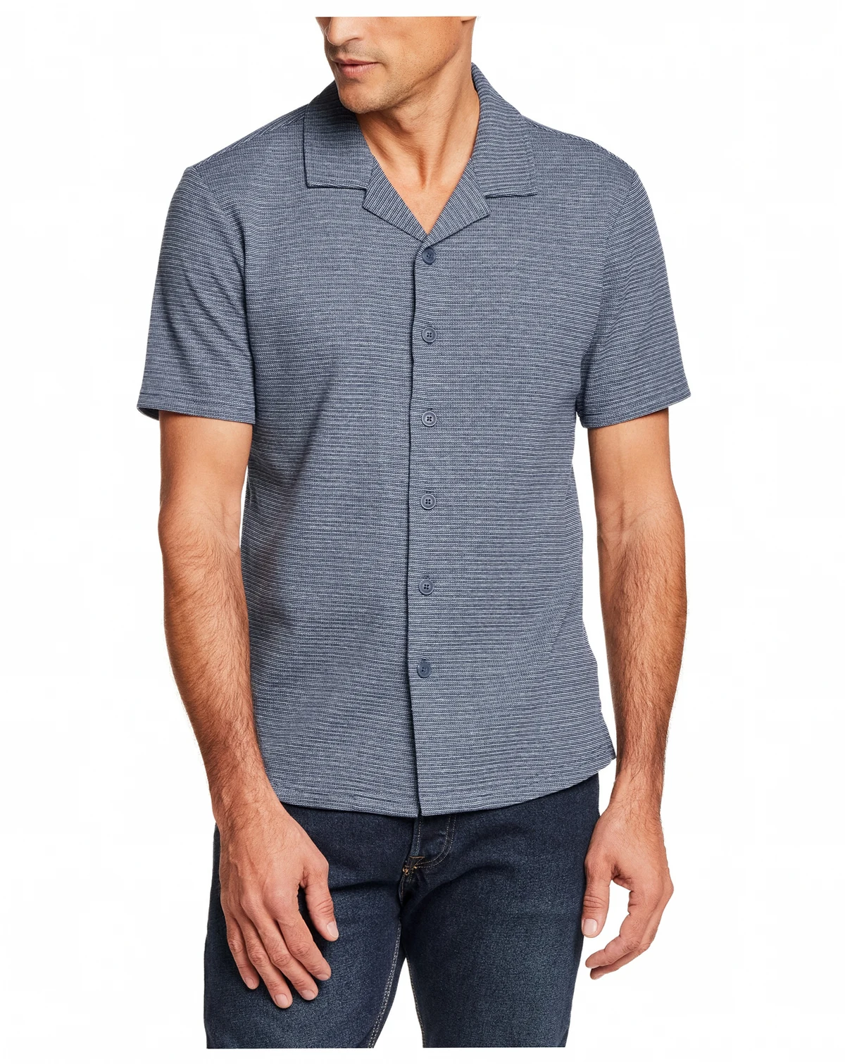 Men's Short-Sleeve Button Down Variegated Microstripe Coatfront Knit Shirt