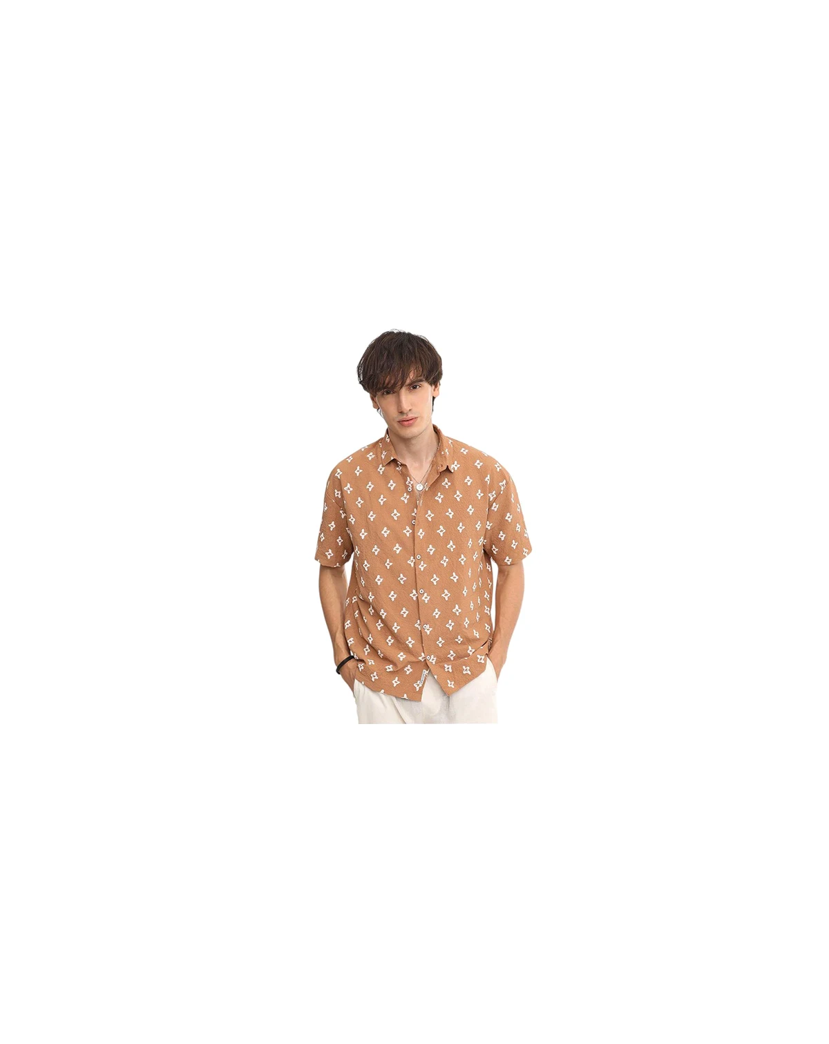 Men's Tan Floral-Tactile Oversized Shirt