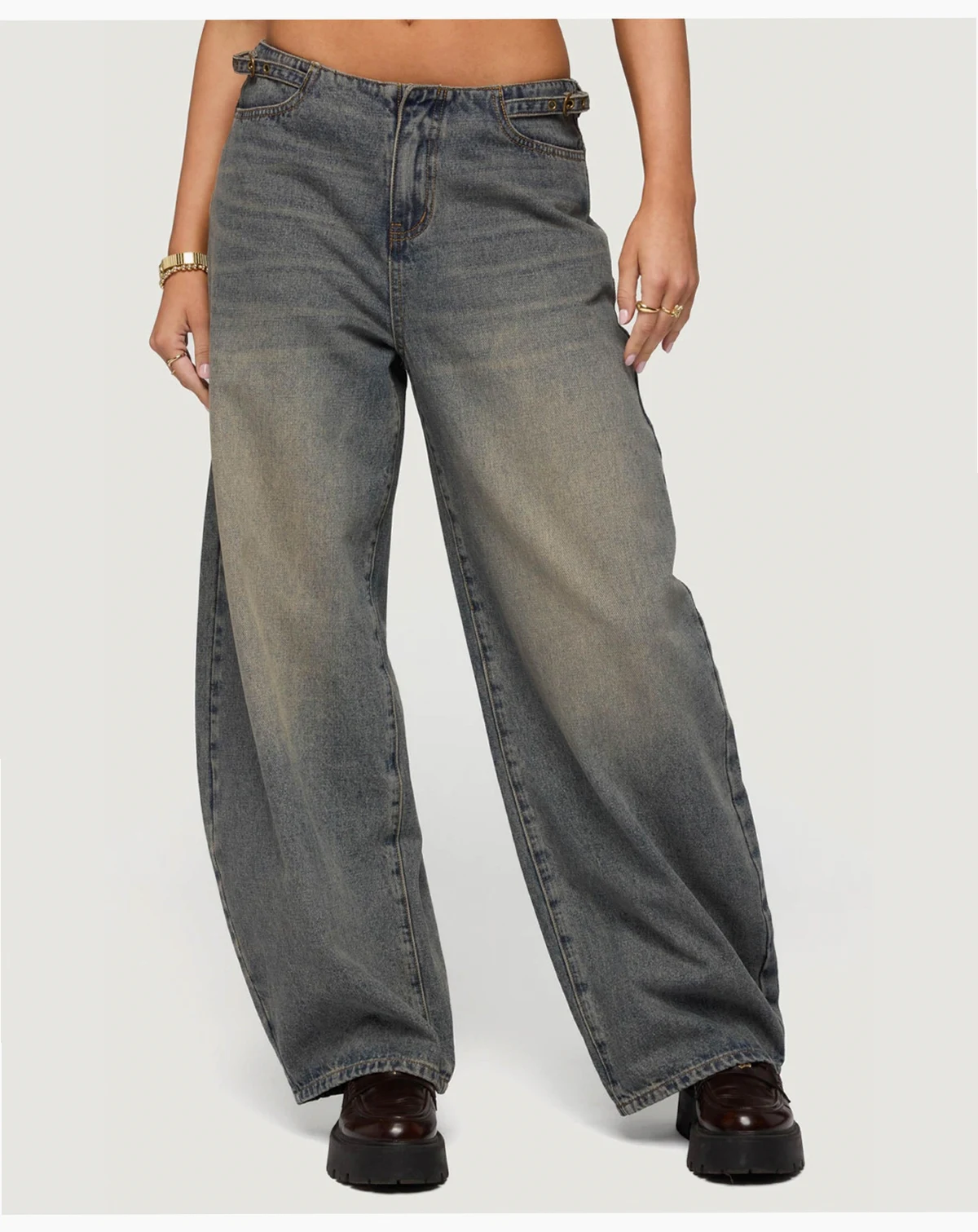 Women's Side Belt Low Rise Barrel Jeans
