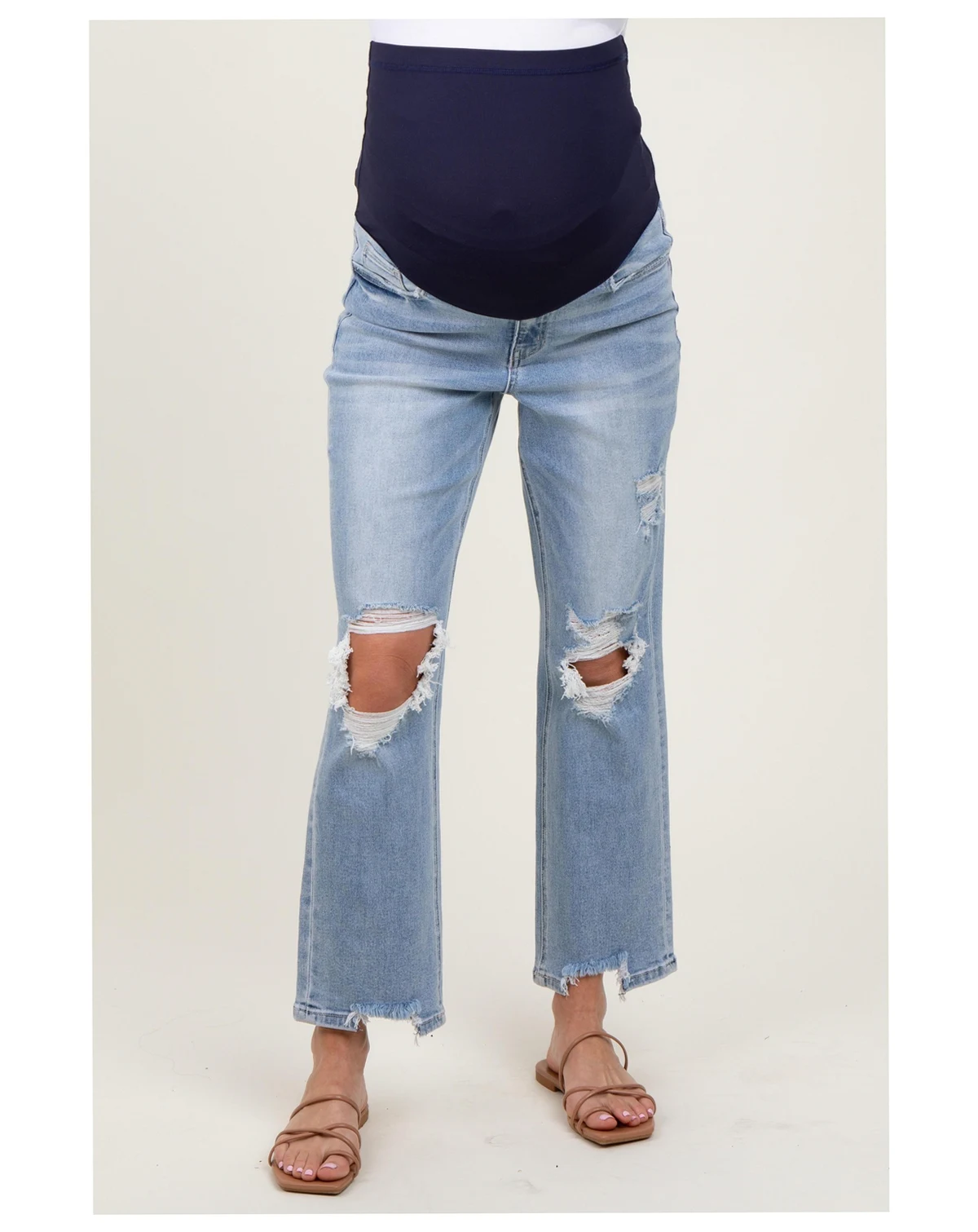 Light Blue Distressed Cutout Maternity Straight Leg Ankle Jeans