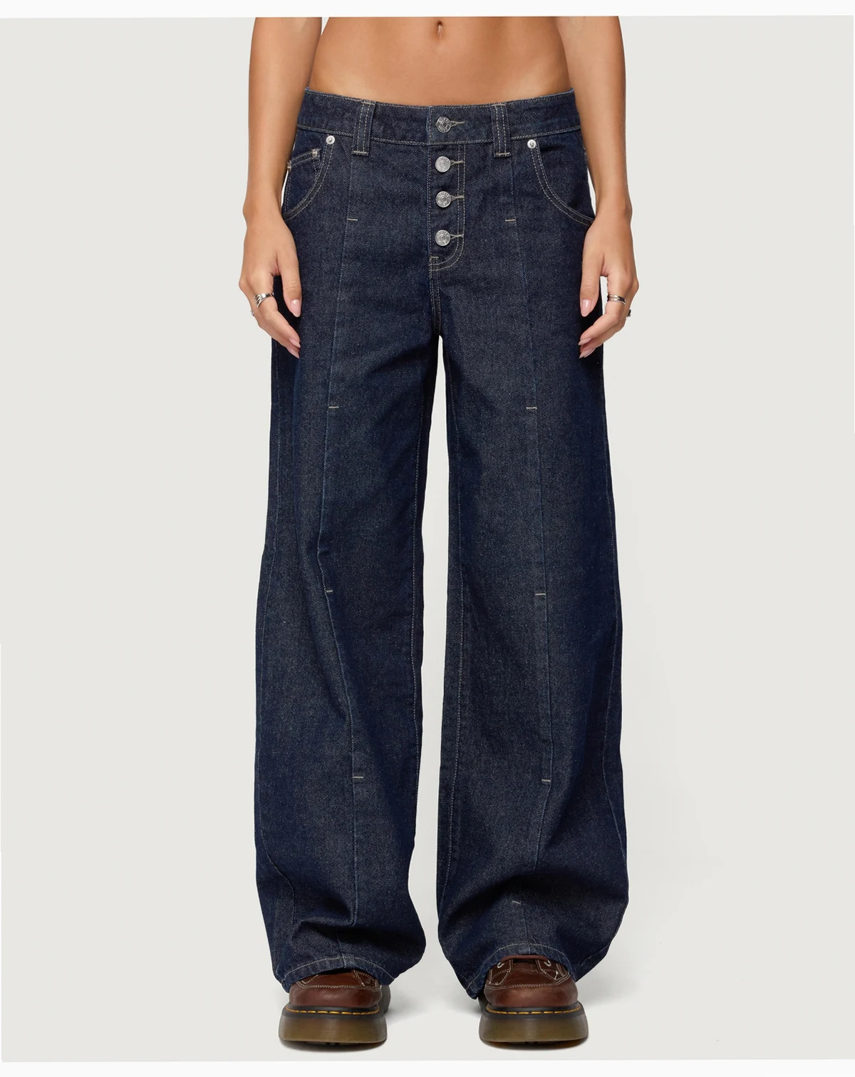 Women's Polley Button Up Low Rise Baggy Jeans