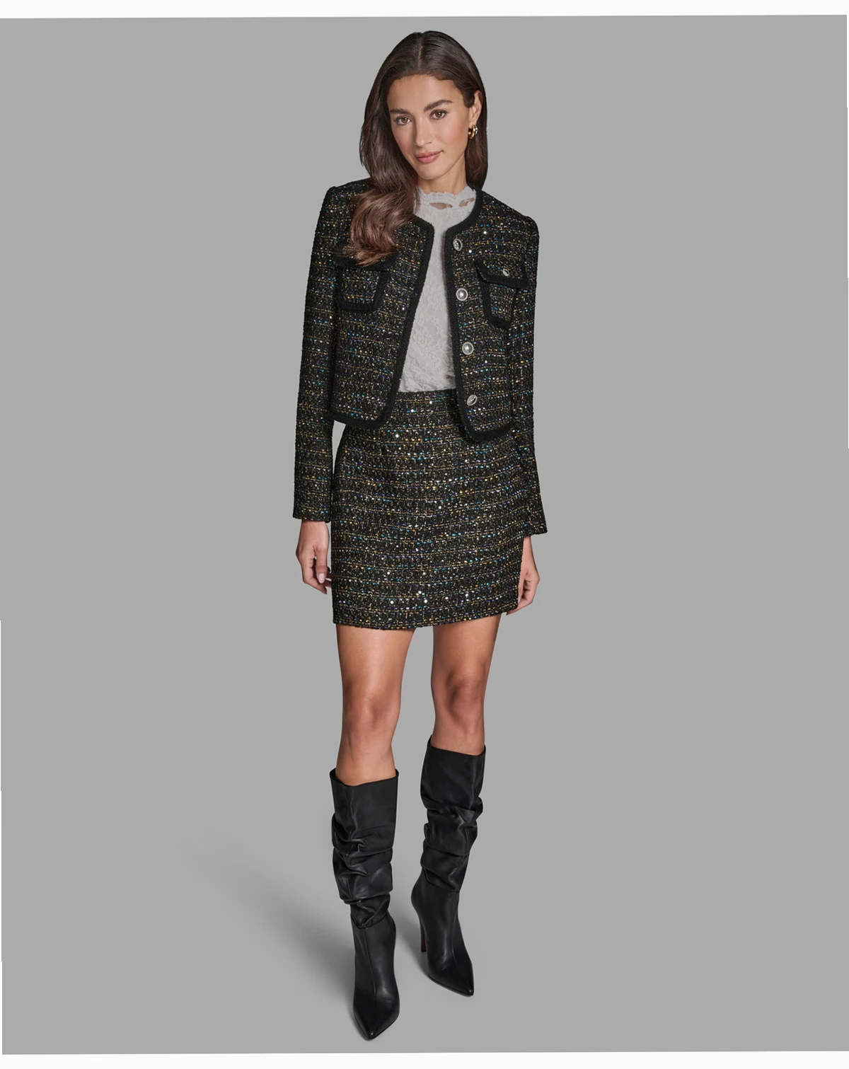 Women's Button-Front Collarless Tweed Jacket