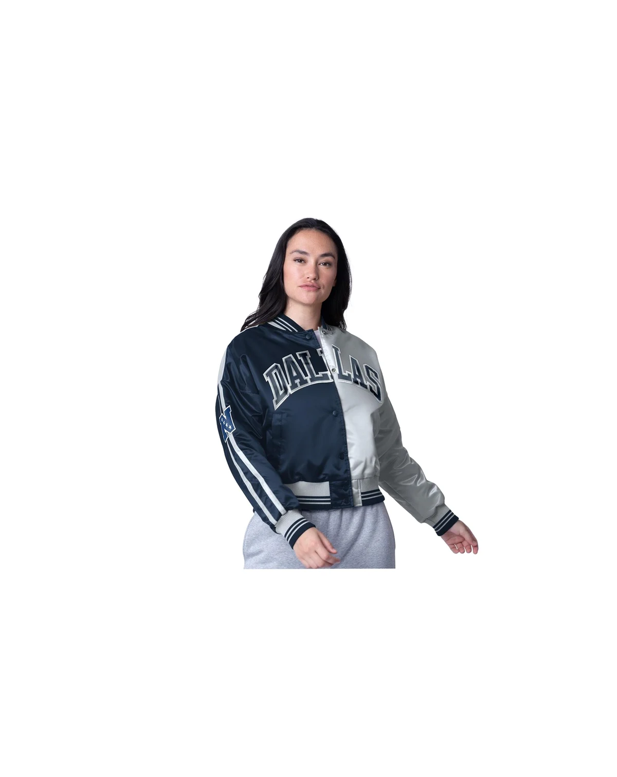 Women's Navy/Silver Dallas Cowboys Zone Blitz Cropped Full-Snap Satin Jacket