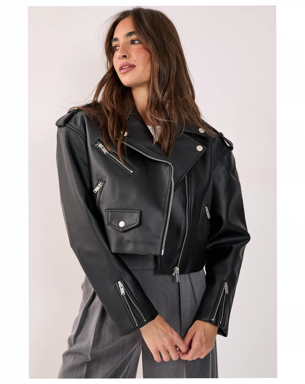 Women's Faux Leather Boxy Biker Jacket