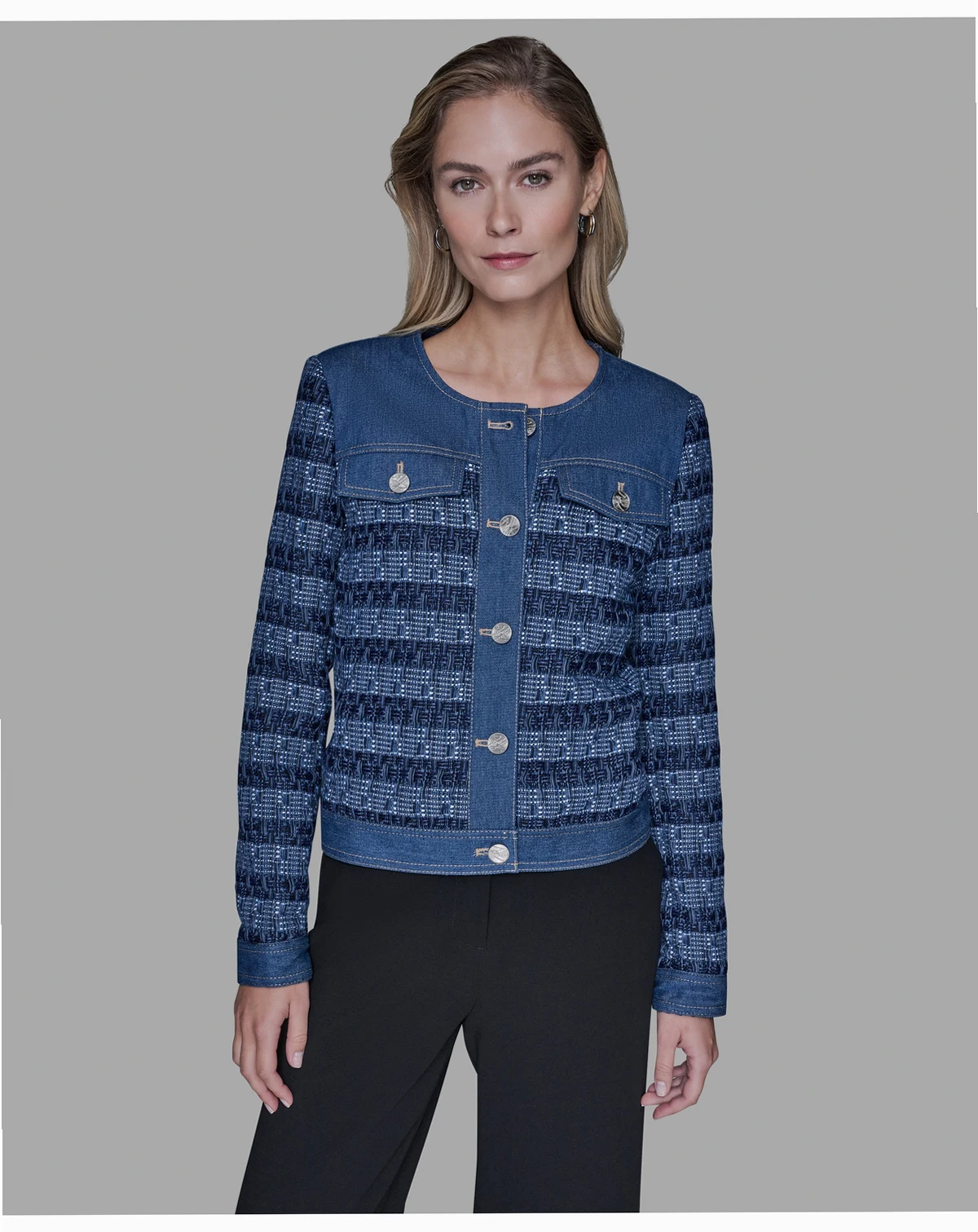 Women's Crewneck Tweed and Denim Jacket