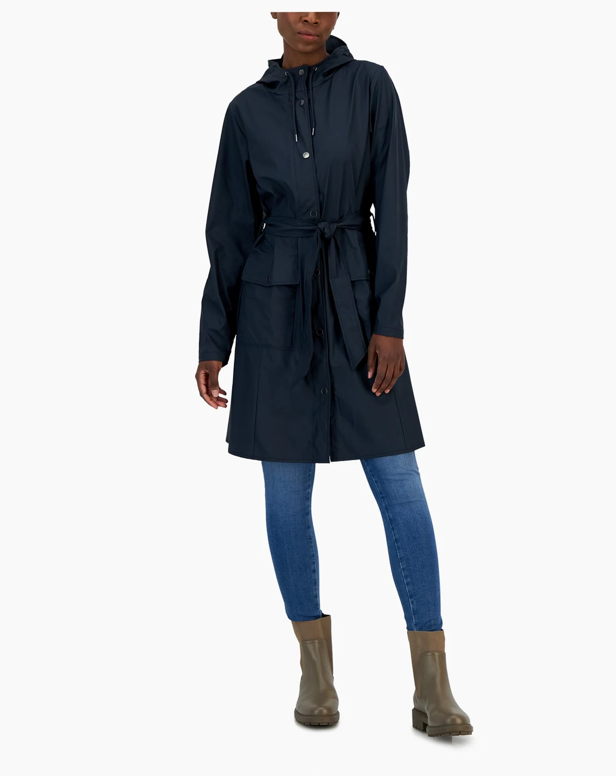 Women's Curve Hooded Belted Waterproof Raincoat