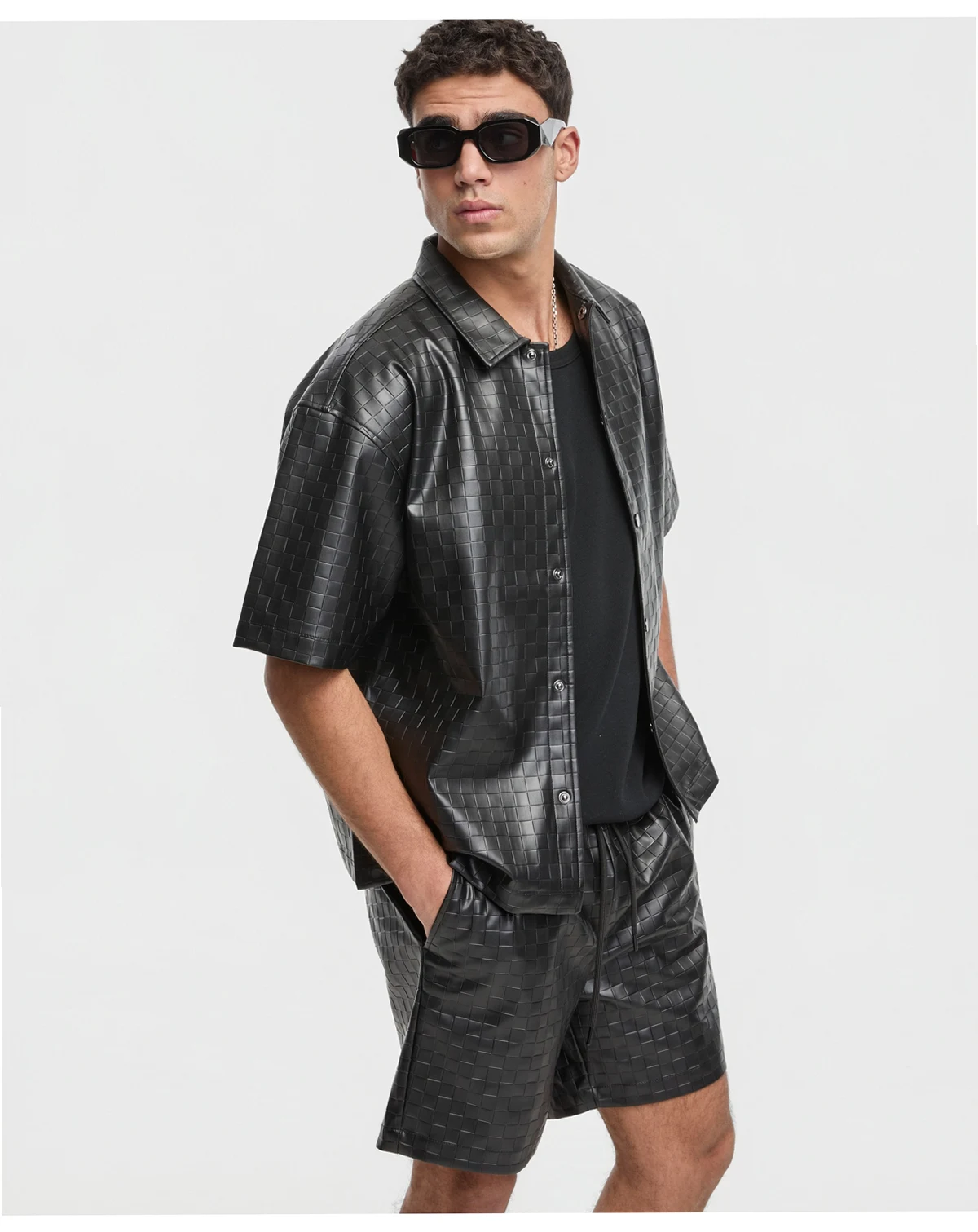 Men's Relaxed-Fit Checkerboard Pleather Short-Sleeve Shirt, Macy's Exclusive