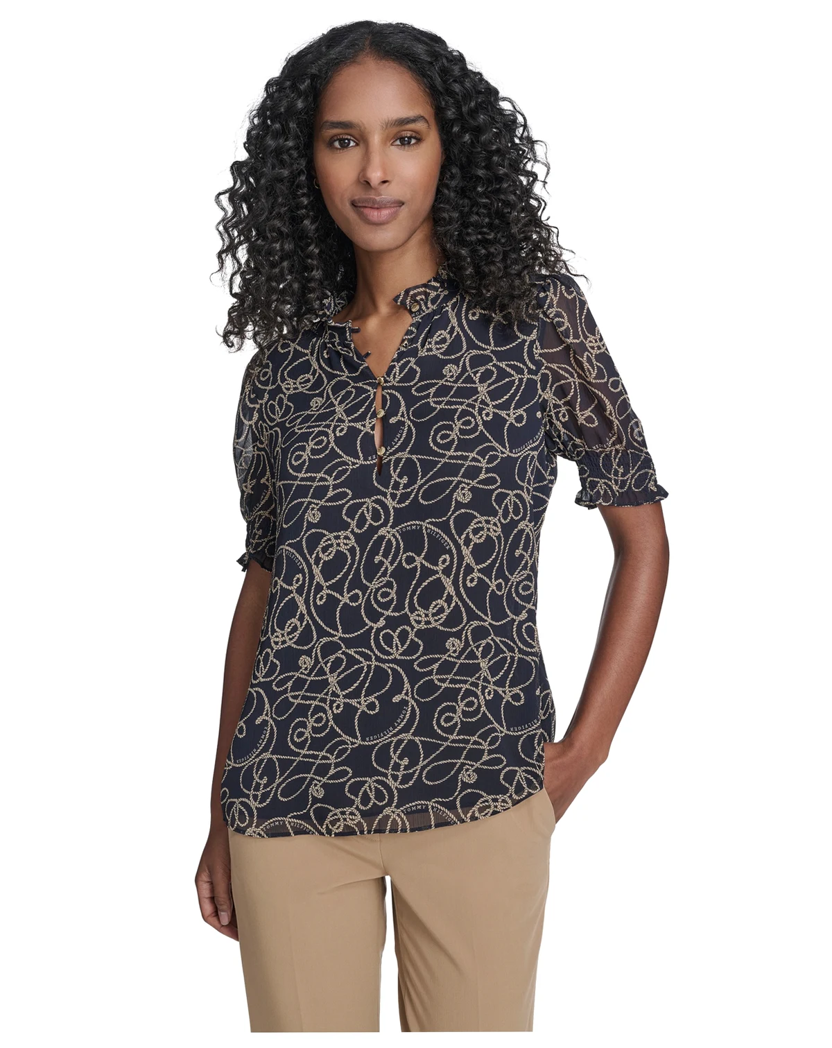 Women's Rope Print Ruffle Mock Neck Blouse