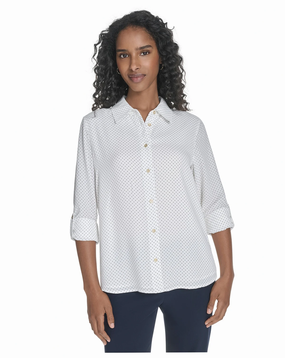 Women's Slim-Fit Pin-Dot Roll-Tab-Sleeve Shirt