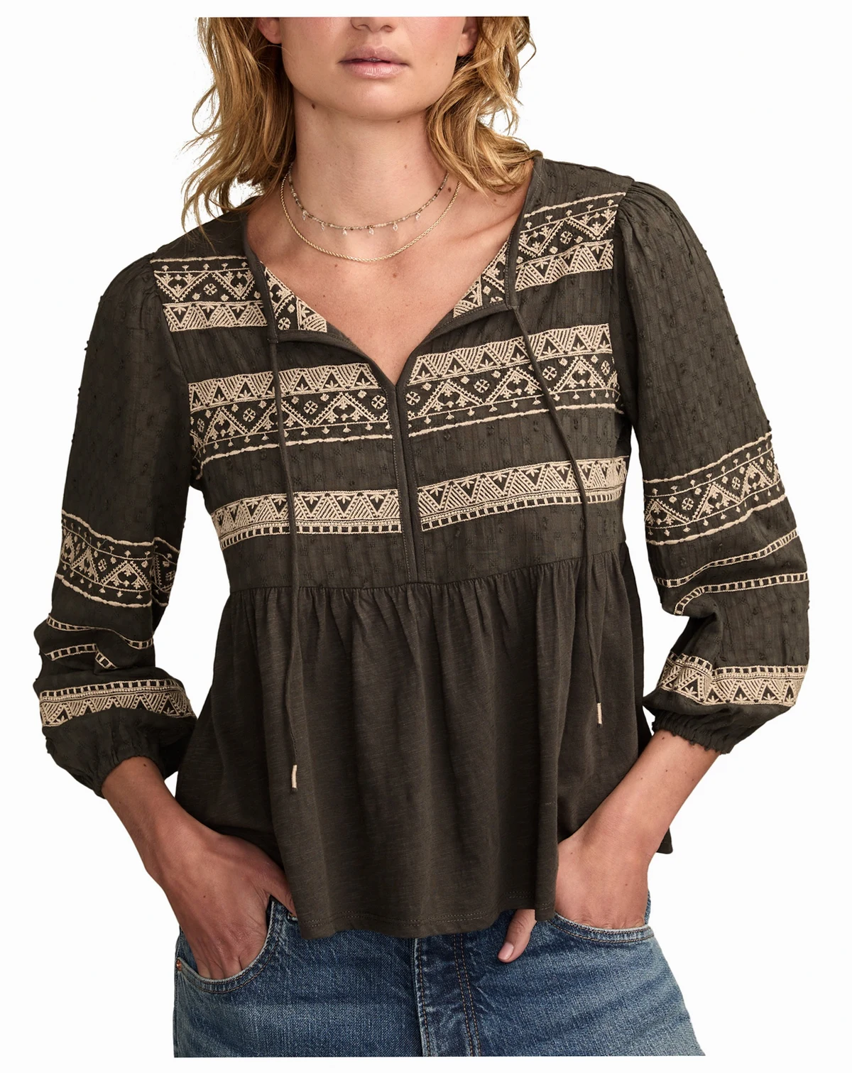 Women's Mixed Trim Peasant Top