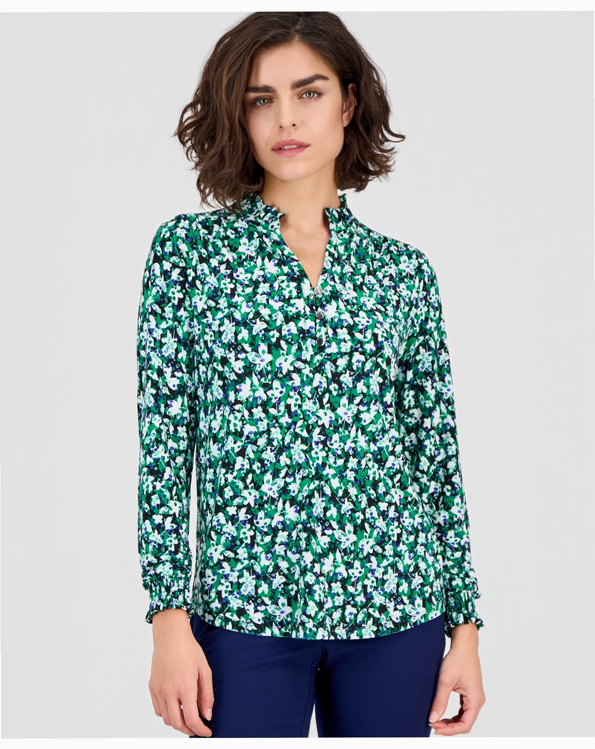 AK Anne Klein Petite Ruffled-Neck Smocked-Cuff Top