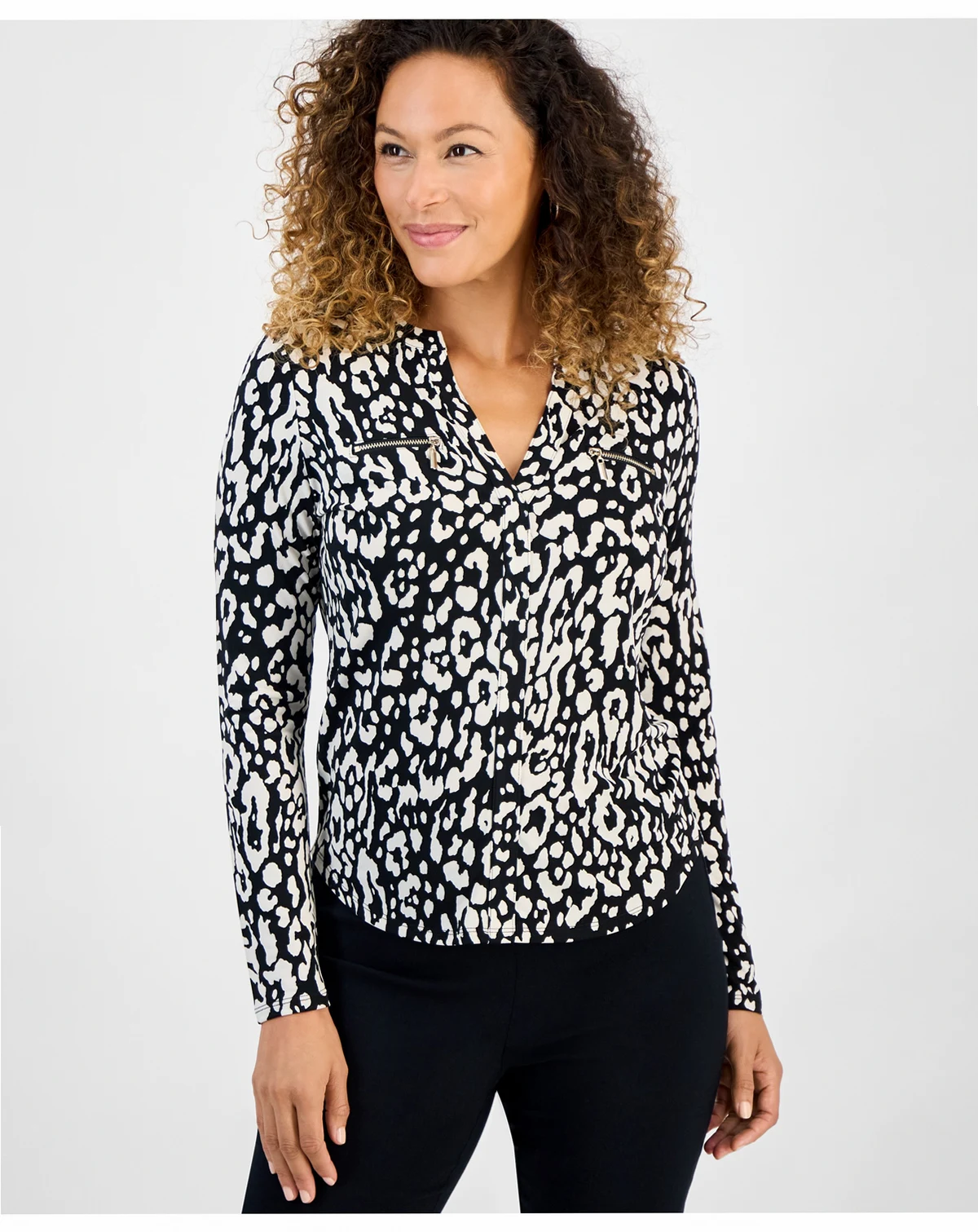 Petite Long-Sleeve Faux-Pocket Long Sleeve Top, Macy's Exclusive