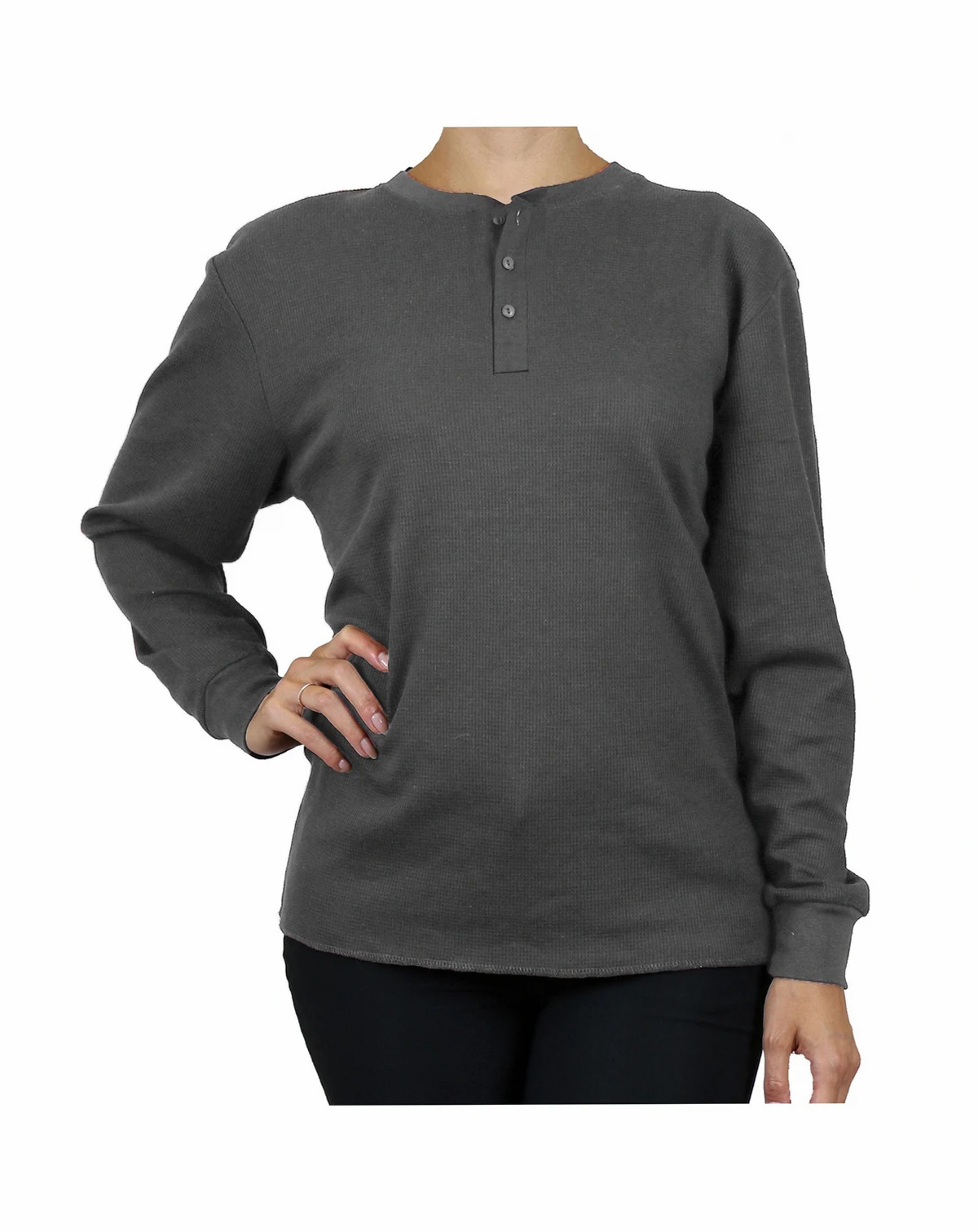 Women's Loose Fitting Waffle-Knit Henley Thermal Shirt