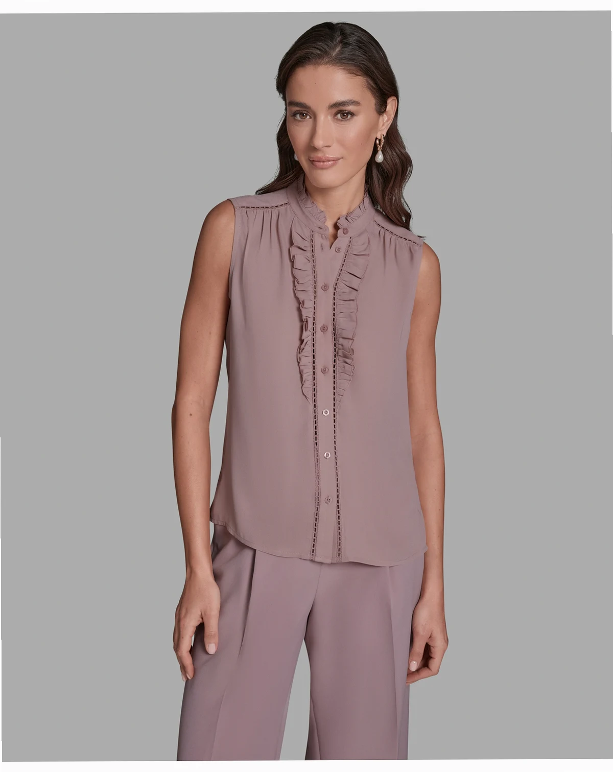 Women's Sleeveless Button Front Ruffle Top