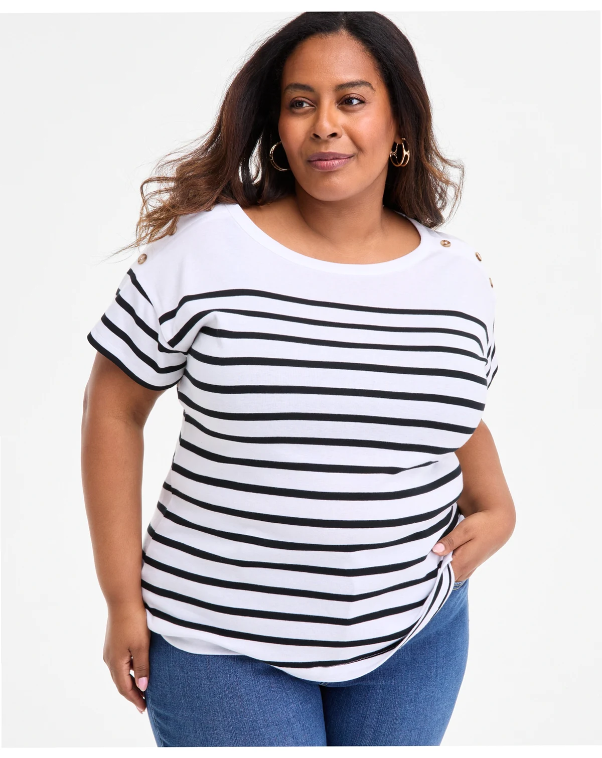 Plus Size Stripe Button-Trim T-Shirt, Exclusively at Macy's