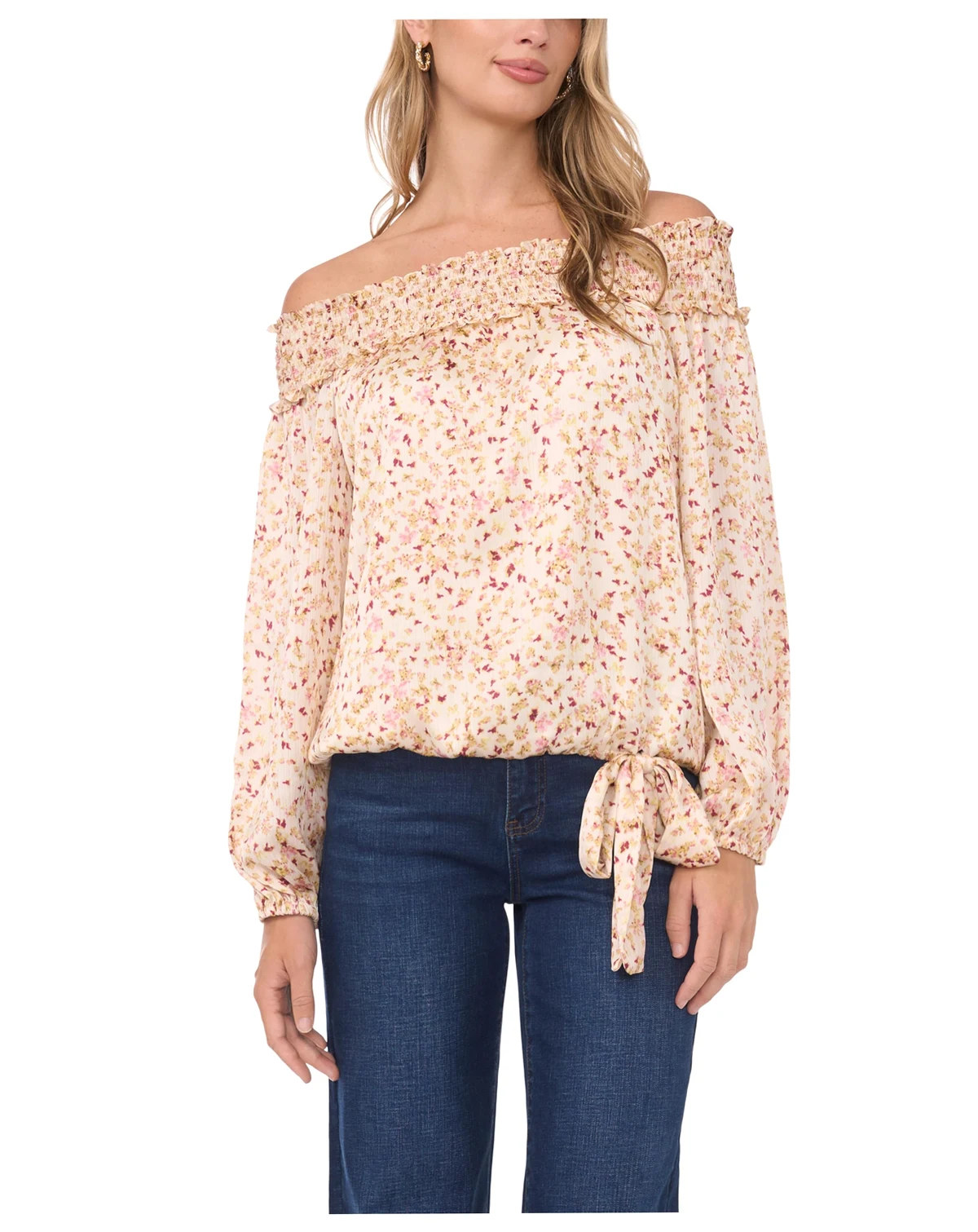 Women's Printed Off-The-Shoulder Long-Sleeve Tie-Front Blouse