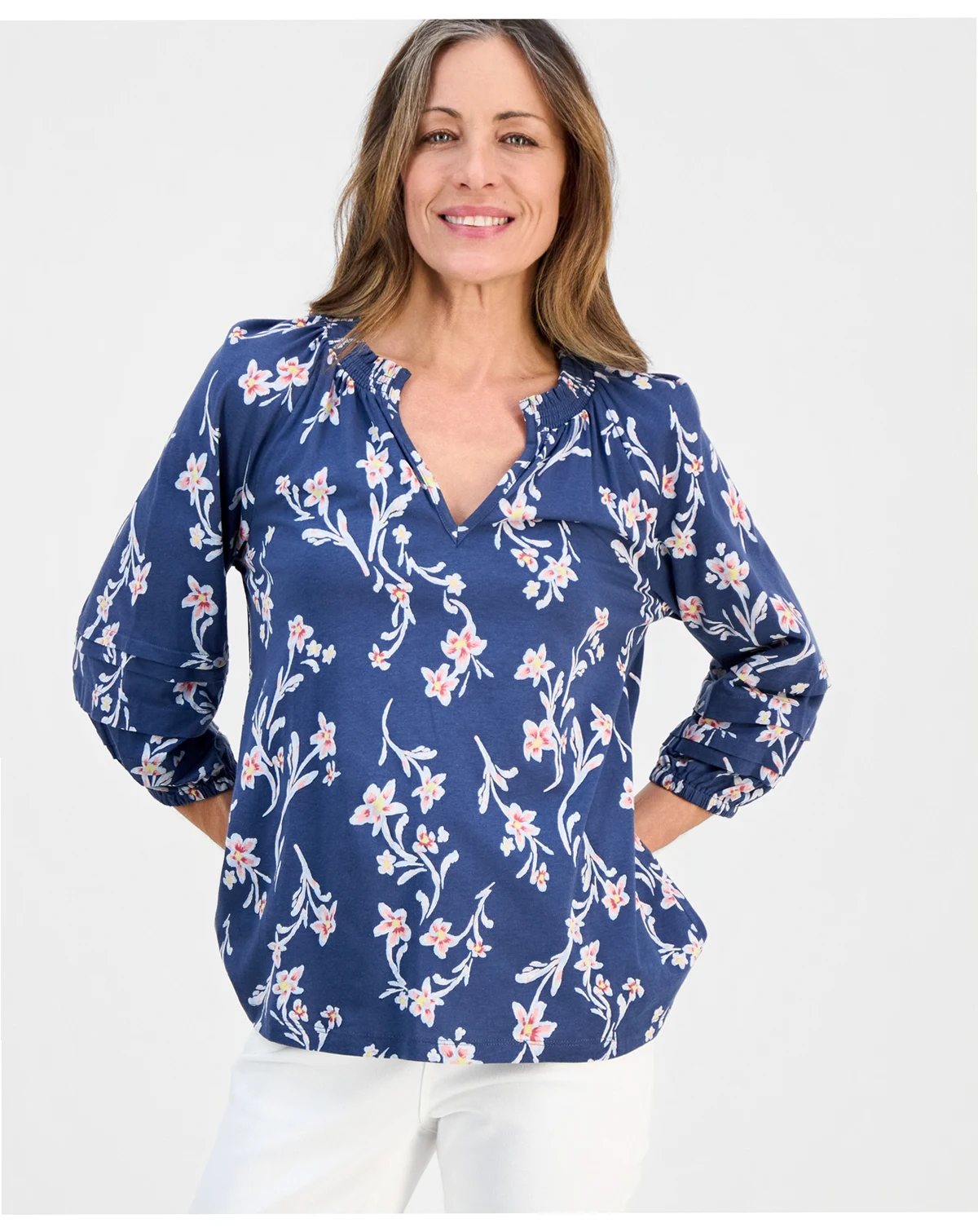Petite Smock-Neck Floral-Print Blouse, Macy's Exclusive