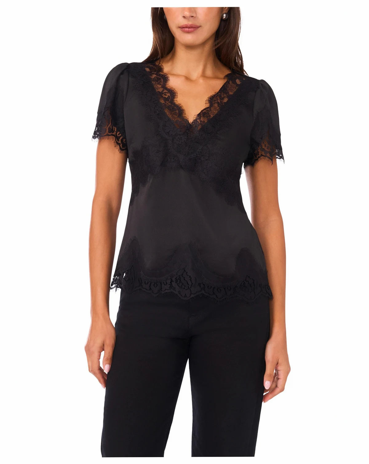 Women's Short Sleeve V-Neck Lace Top