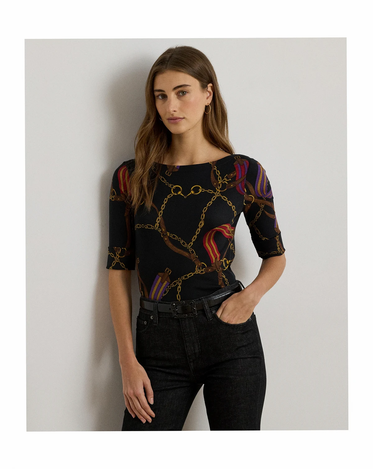 Women's Boat Neck Belting Print T-Shirt