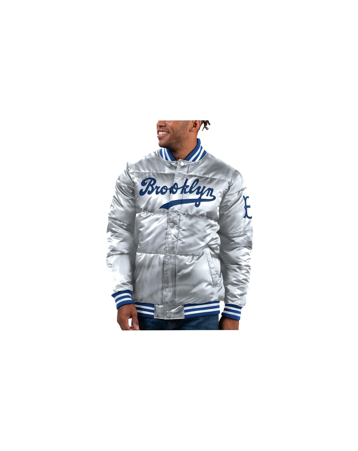 Men's Silver Brooklyn Dodgers Cooperstown Collection Bronx Satin Full-Snap Bomber Jacket