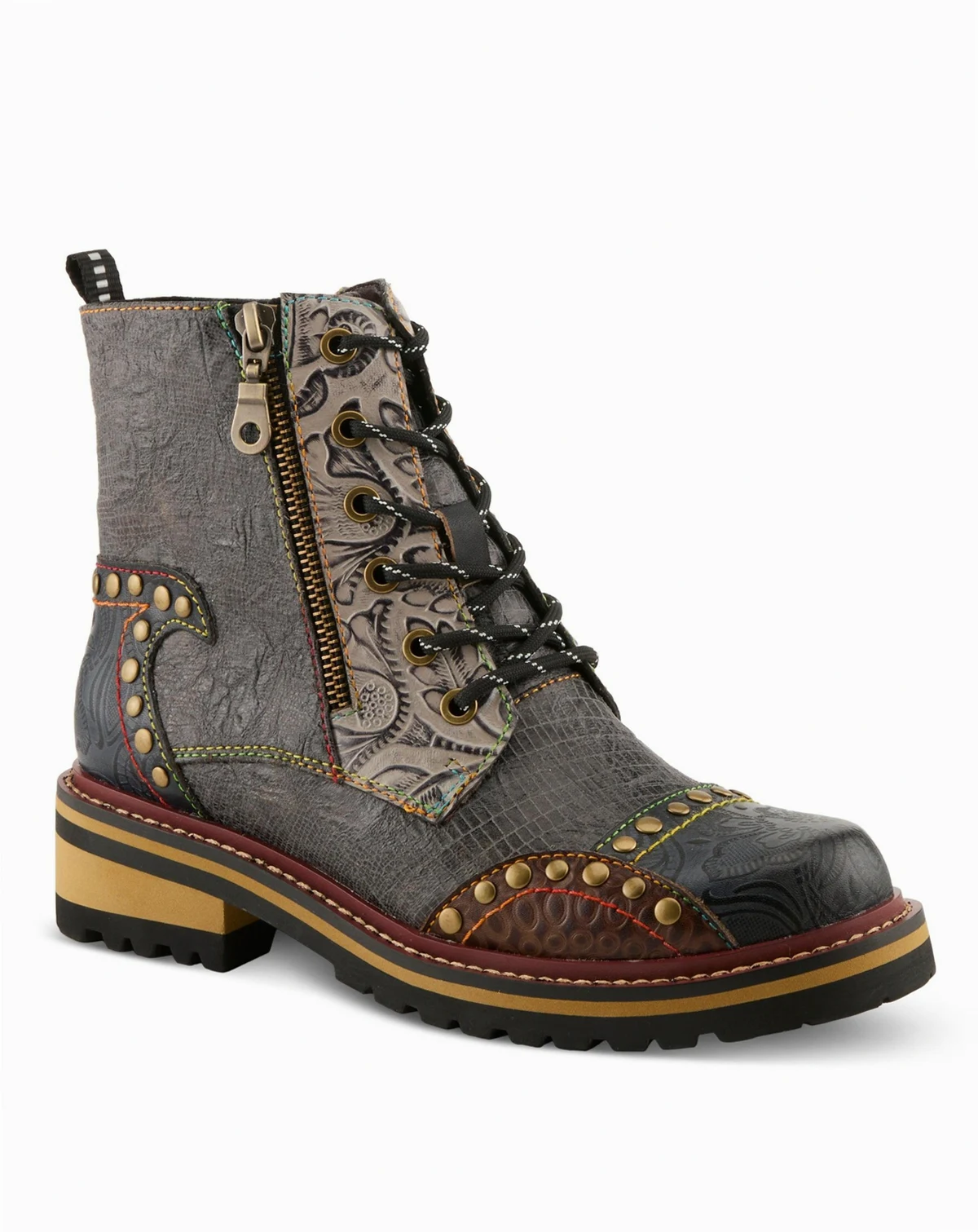 Women's Rugup Hand-Painted Leather Booties with Mixed Textures, Decorative Studs, Lace-Up and Zipper Closure, Faux Fur Lining, and Lug Sole