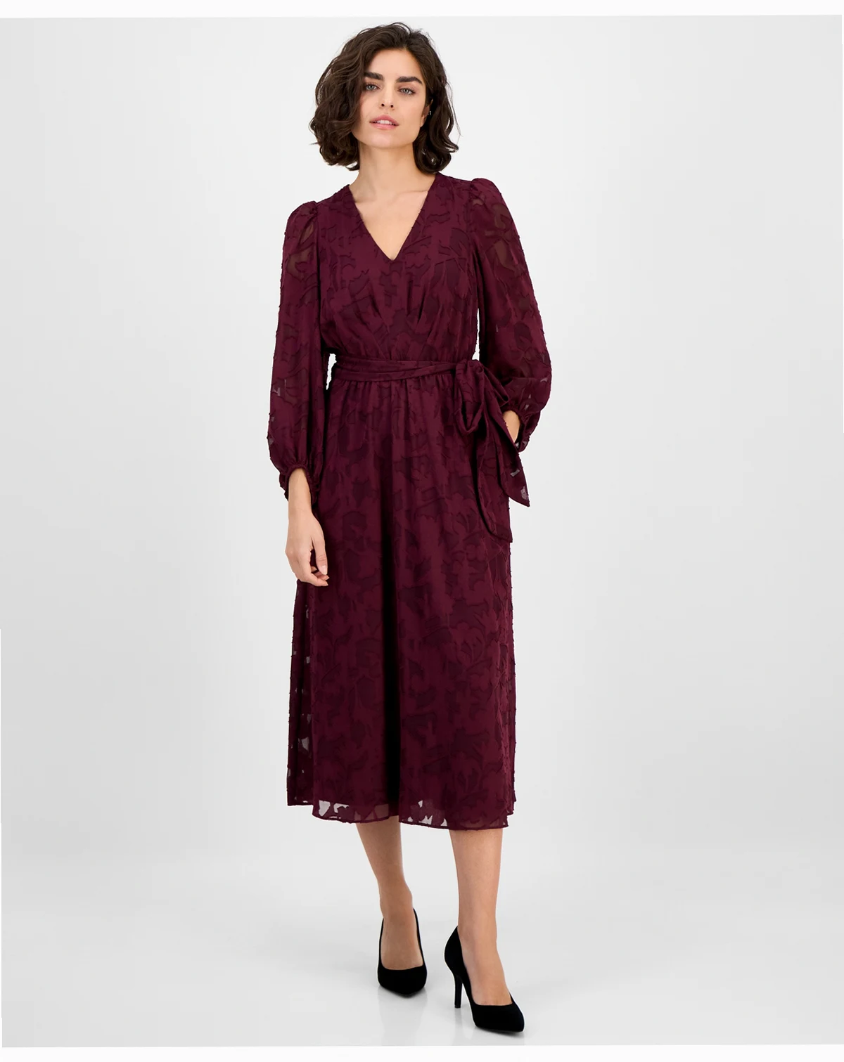 Women's Jacquard V-Neck 3/4-Sleeve Midi Dress