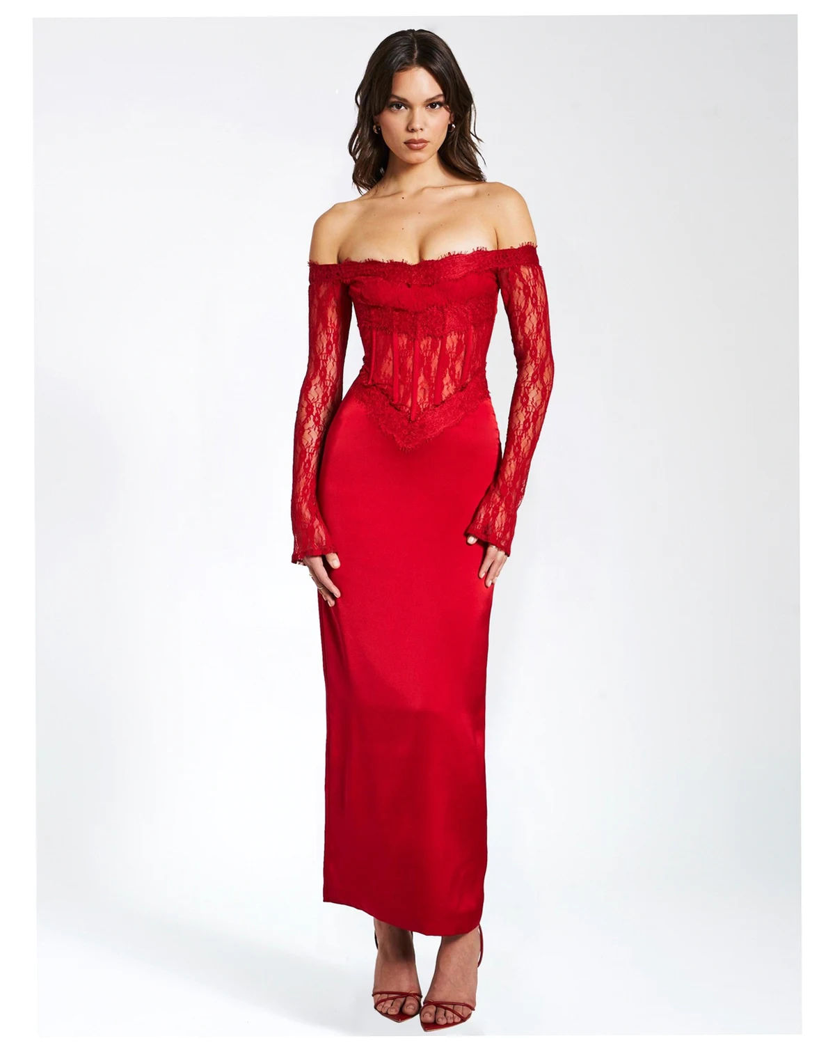 Women's Nessa Red Lace Satin Corset Maxi Dress