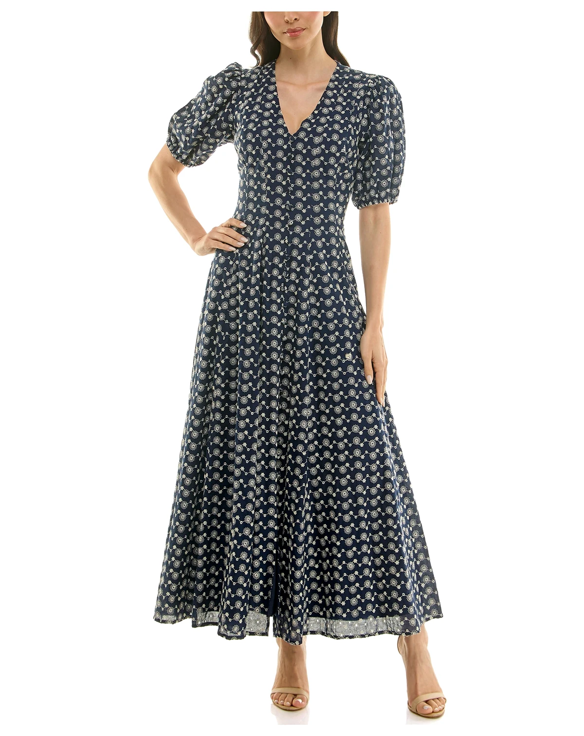 Women's Puff-Sleeve Eyelet Button-Front Dress