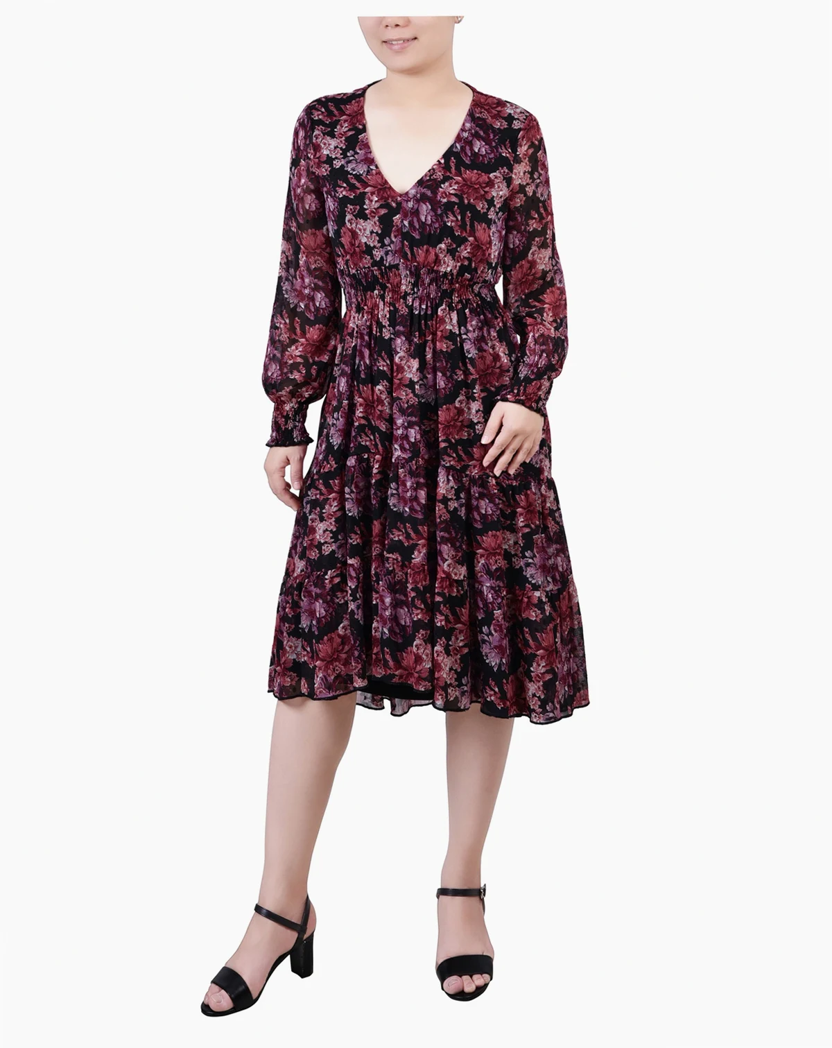 Women's Long Sleeve Clip Dot Chiffon Dress with Smocked Waist and Cuffs Dress