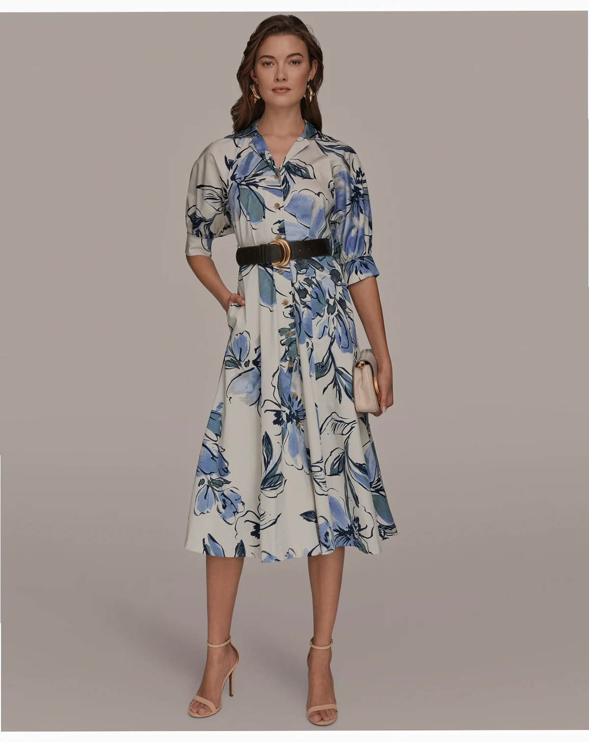 Women's Spread Collar Floral Midi Shirt Dress