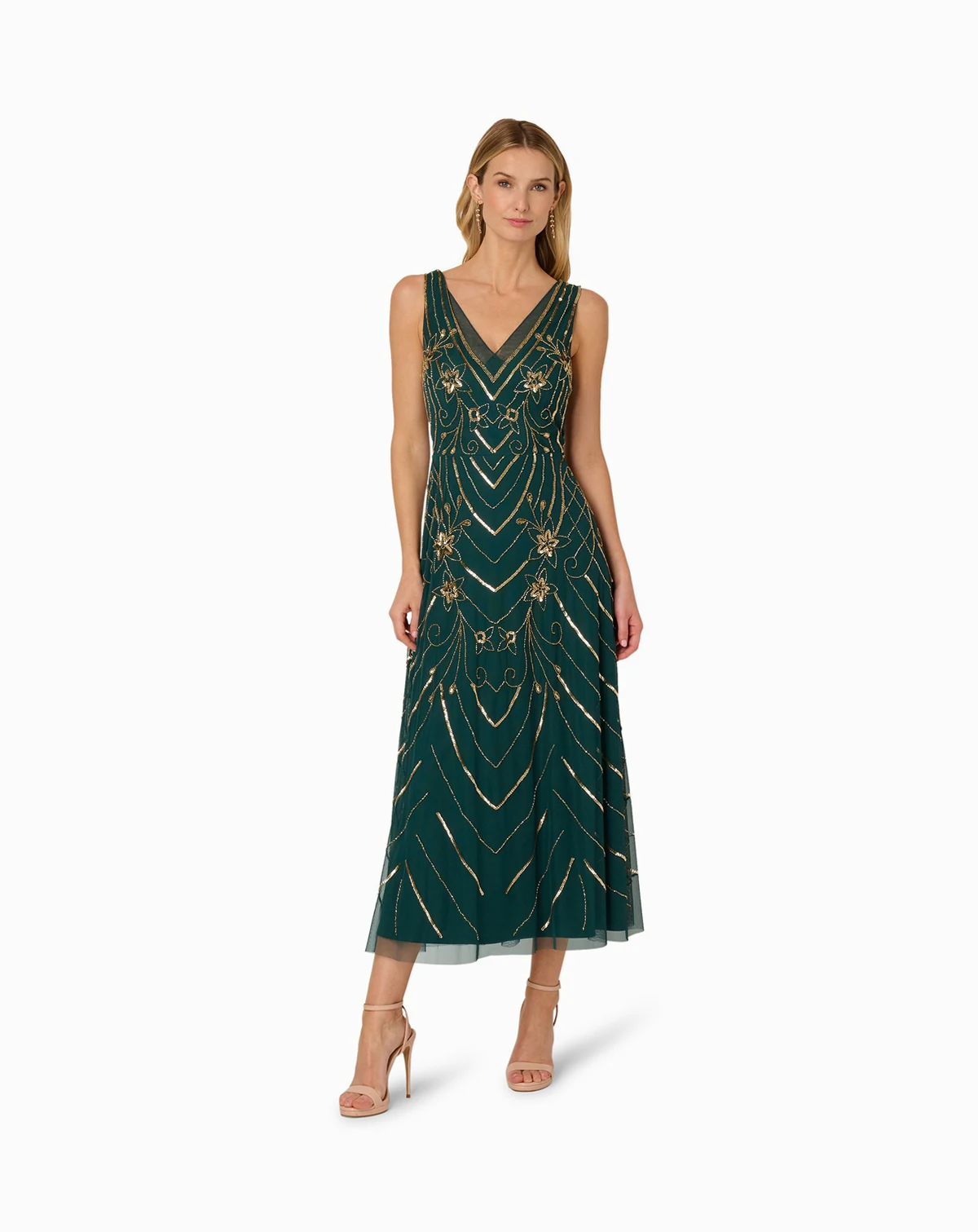 Women's Beaded V-Neck Sleeveless Mesh Dress