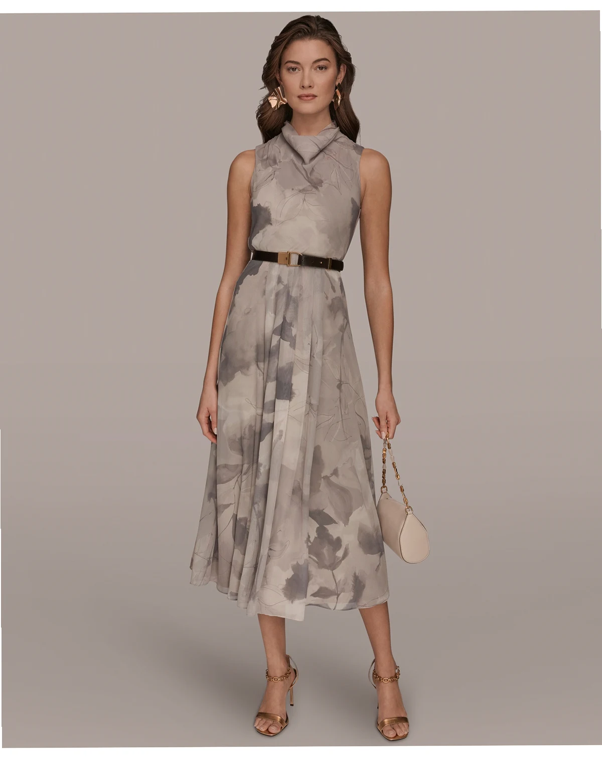 Women's Sleeveless Cowl Neck Floral Print Belted A-Line Midi Dress