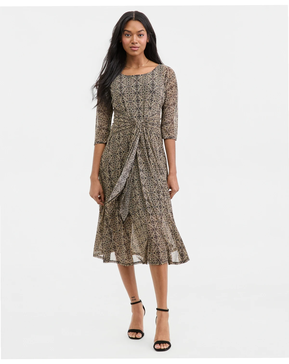 Women's Printed Tie-Waist Midi Dress