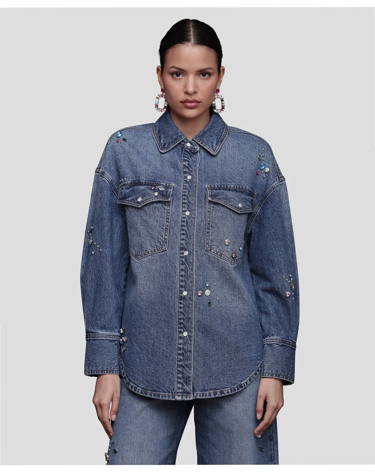 Women's Bejeweled Long Sleeves Oversized Shirt