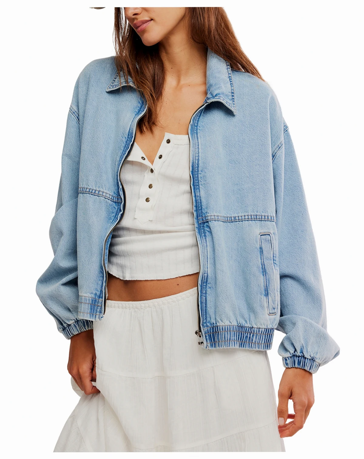 Women's Birdie Front-Zip Collared Denim Jacket
