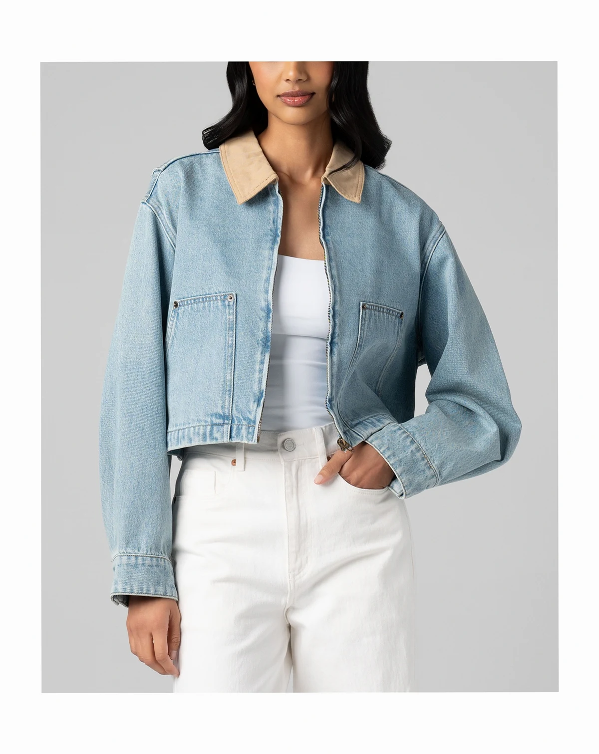 Women's Crop Denim Zip Front Barn Jacket