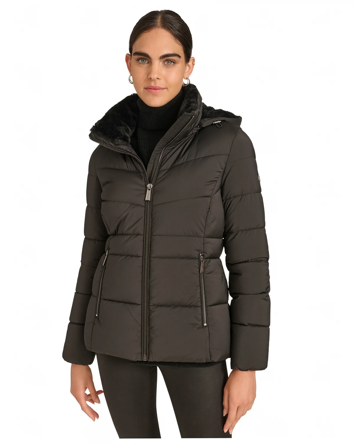 Petite Faux-Fur-Lined Hooded Puffer Coat