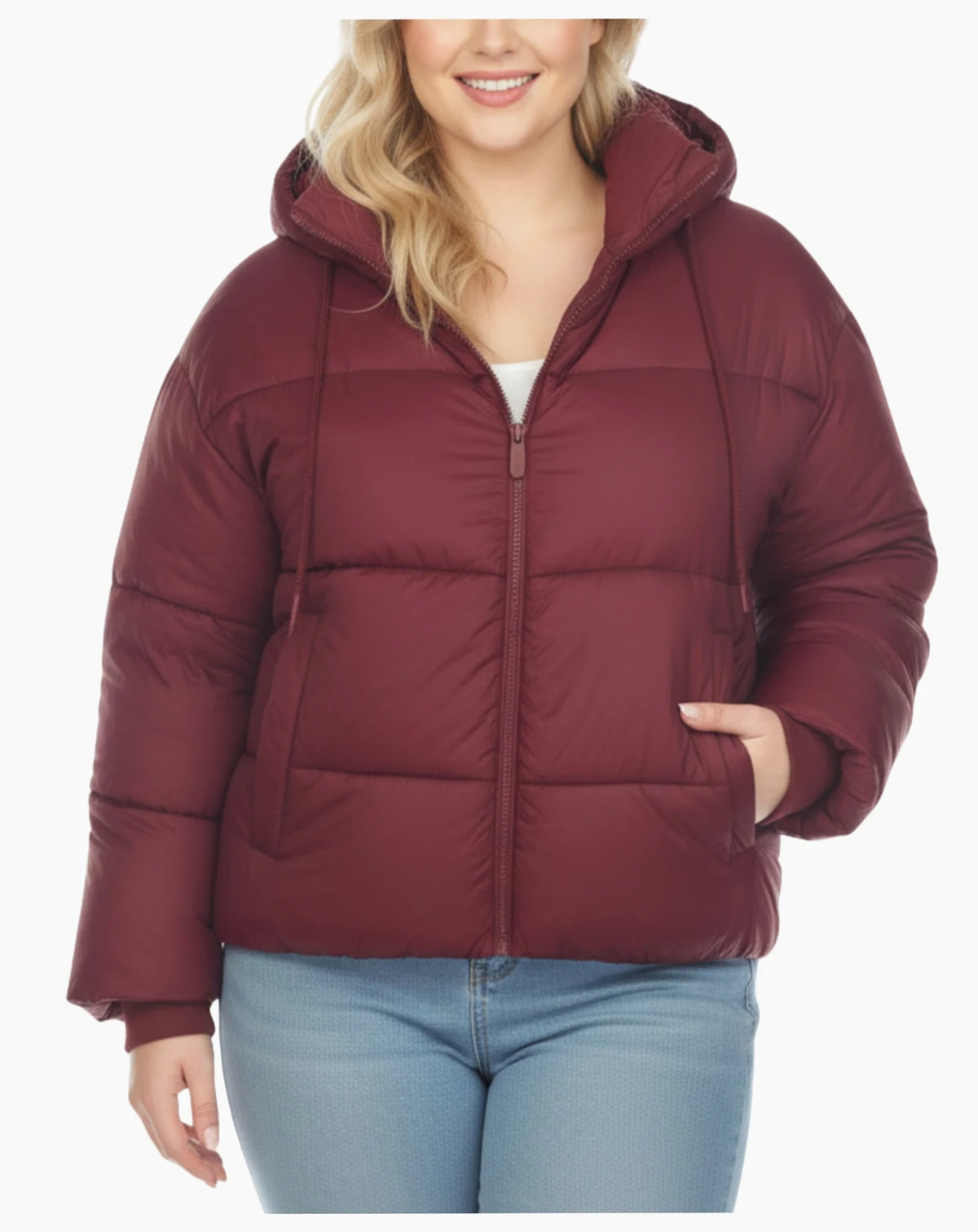 Plus Size Quilted Puffer Crop Jacket with Hood