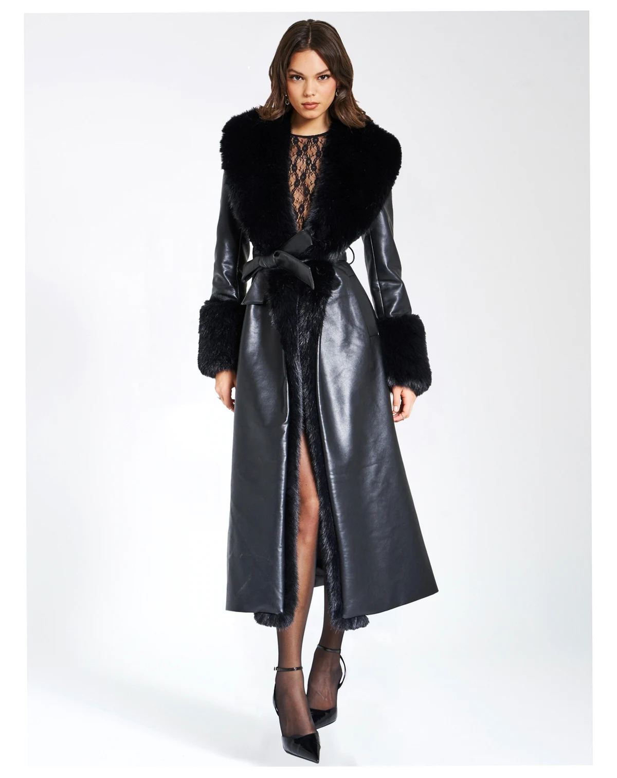 Women Zaida Black Faux Fur Trim Black Faux Leather Coat