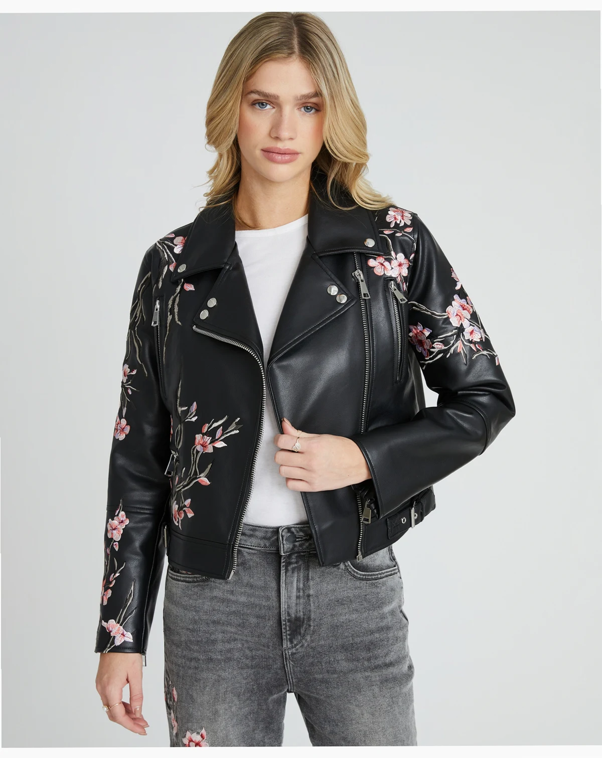 Women's Long-Sleeve Embroidered Floral Moto Style Jacket