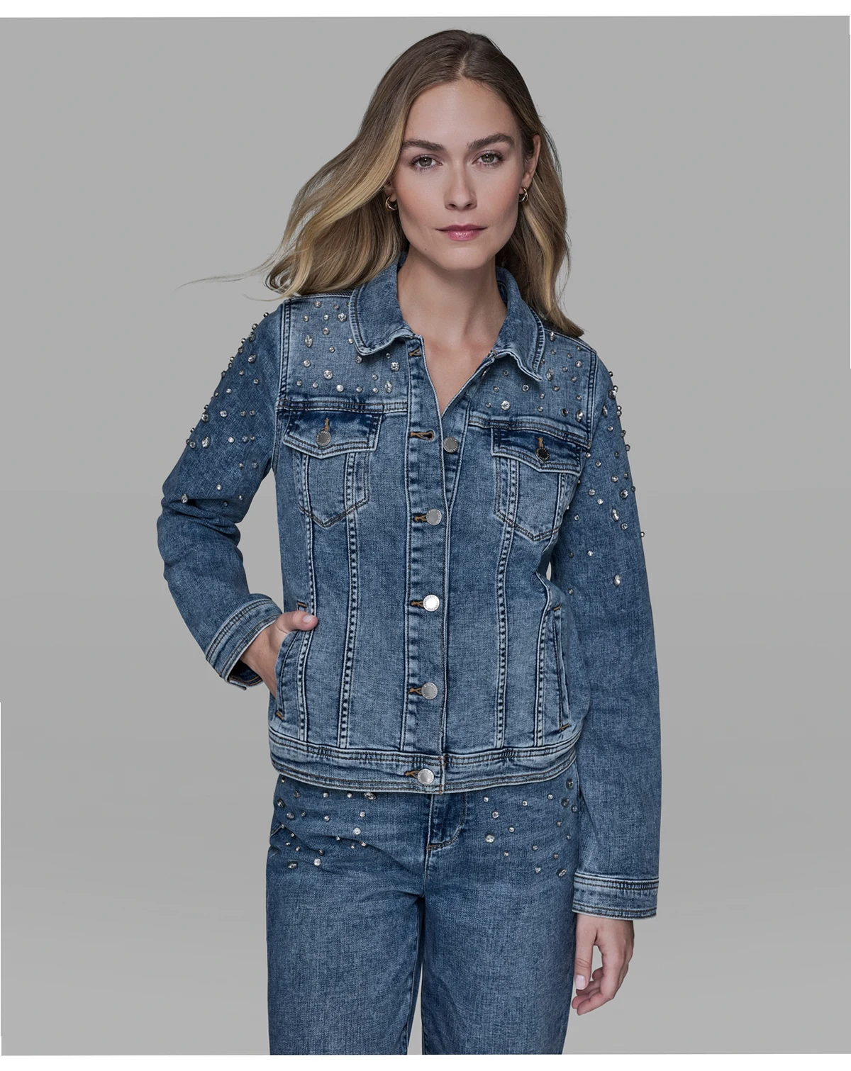 Women's Button Front Embellished Denim Jacket