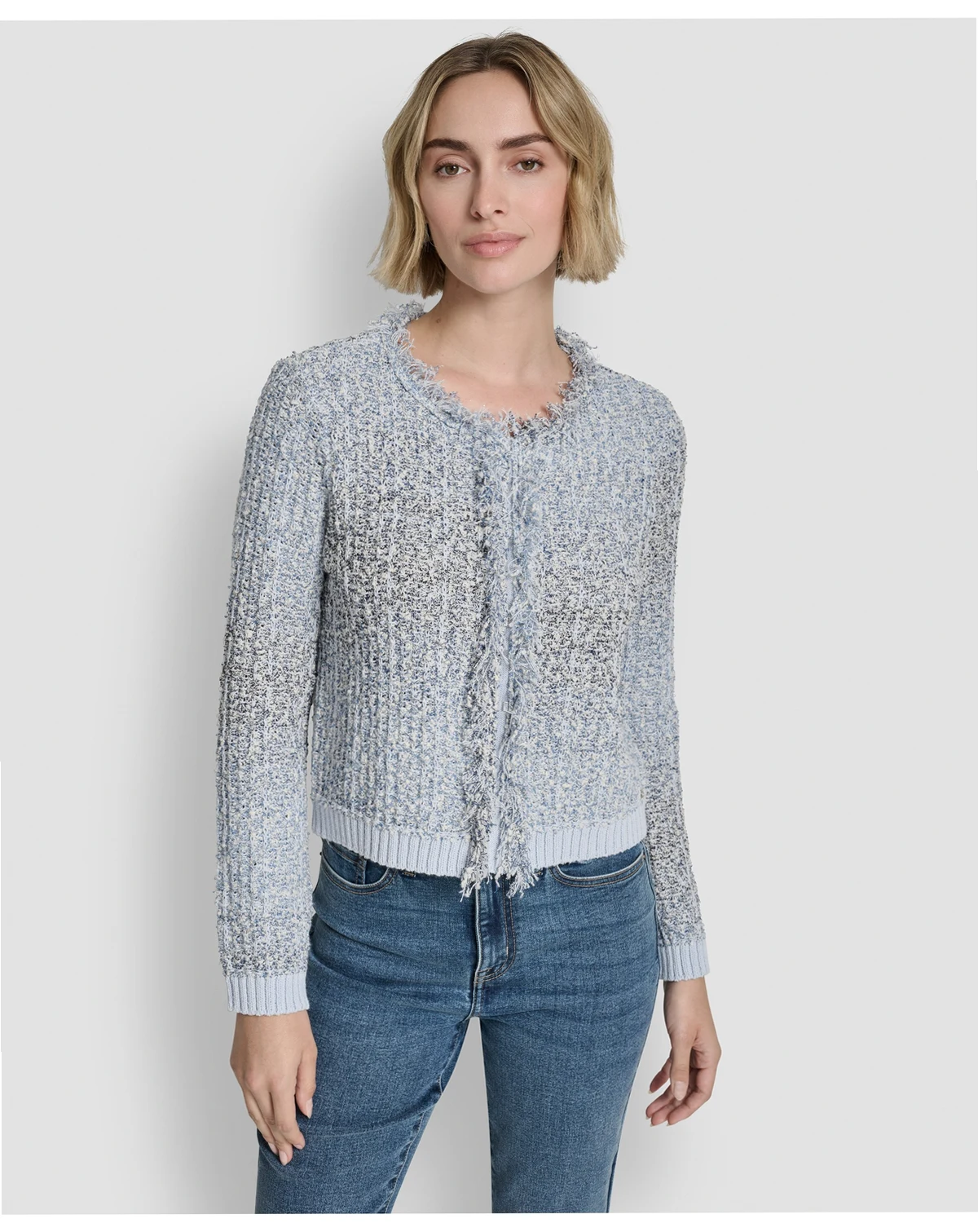 Women's Long-Sleeve Tweed Fringe Trimmed Sweater Jacket