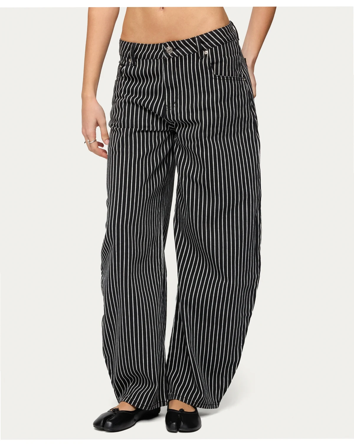Women's Pinstripe Low Rise Barrel Leg Jeans