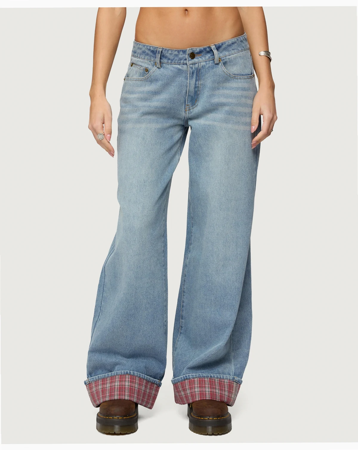 Women's Plaid Cuffed Low Rise Baggy Jeans