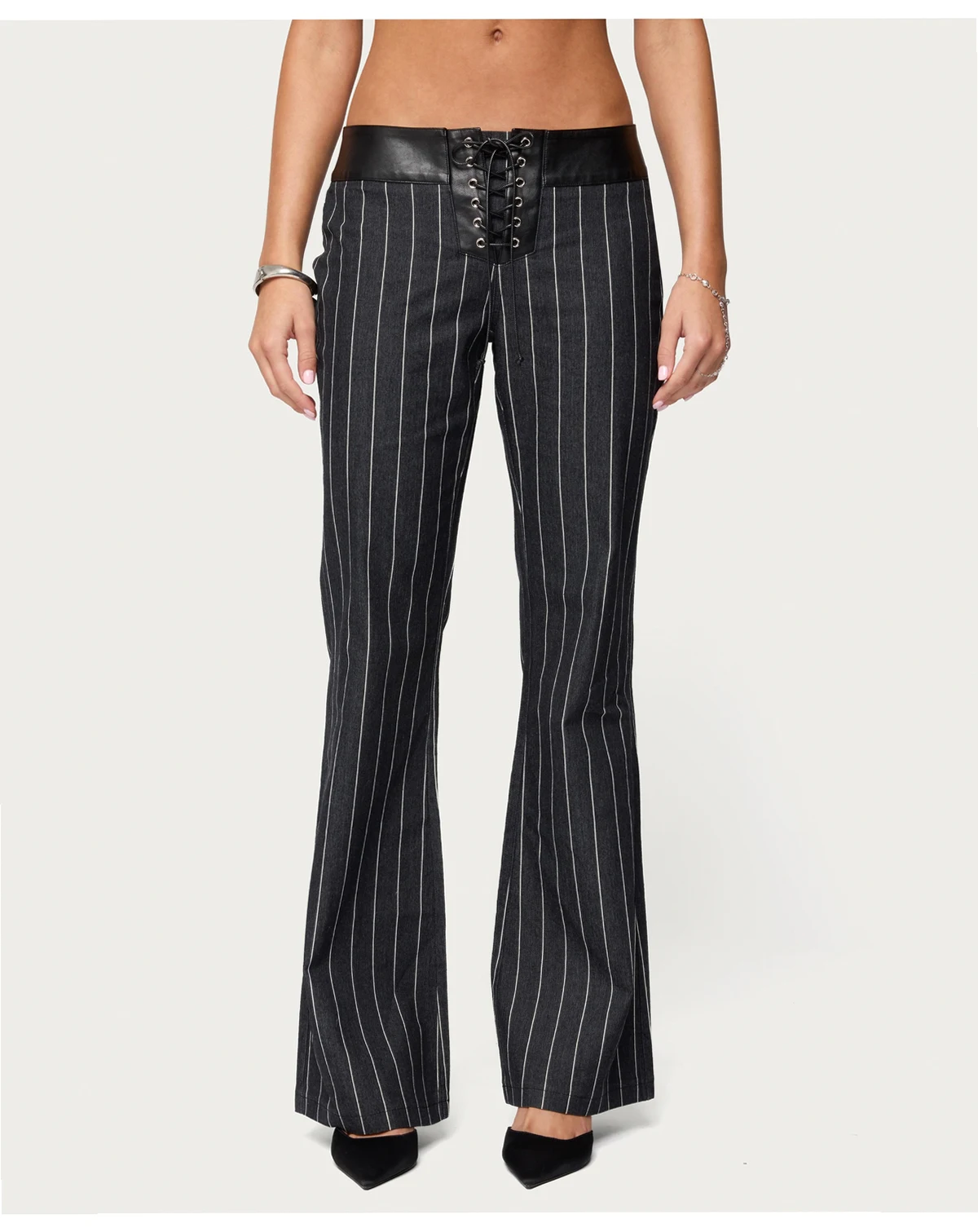 Women's Pinstripe & Faux Leather Low Rise Flared Jeans