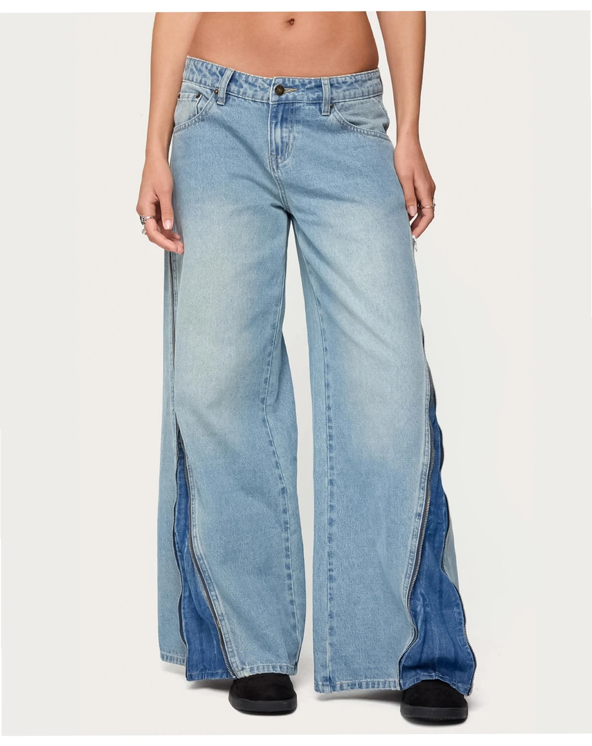 Women's Zippered Washed Wide Leg Jeans