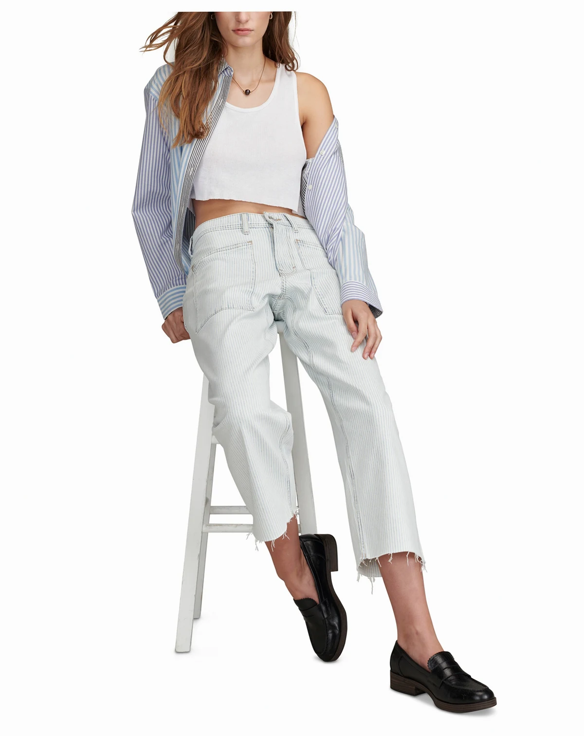 Women's Striped Patch-Pocket Wide-Leg Jeans