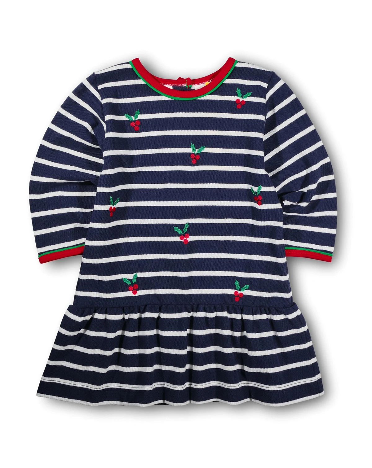 Toddler Girls Stripe Knit Dress With Embroidered Holly