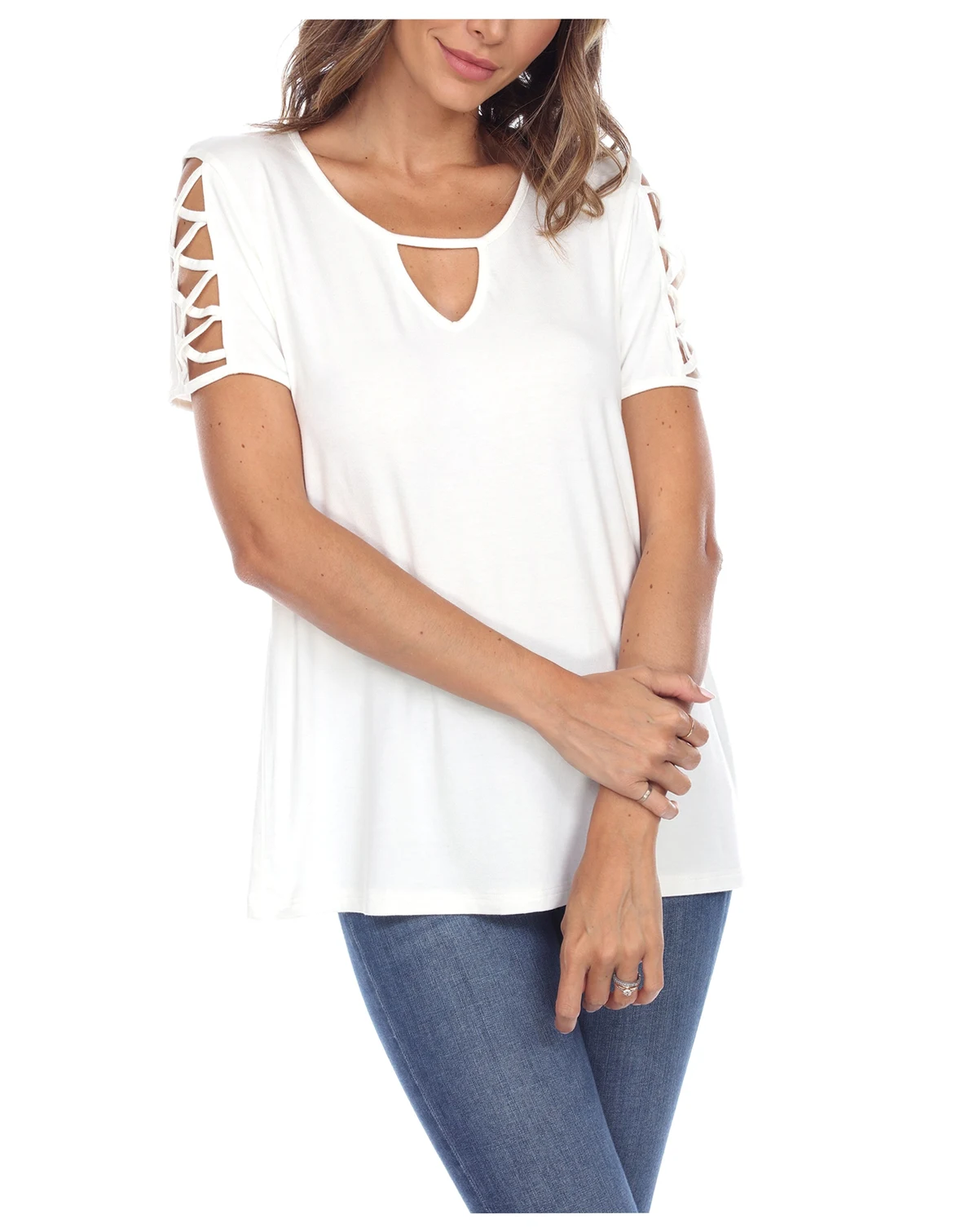Women's Keyhole Neck Cutout Short Sleeve Top