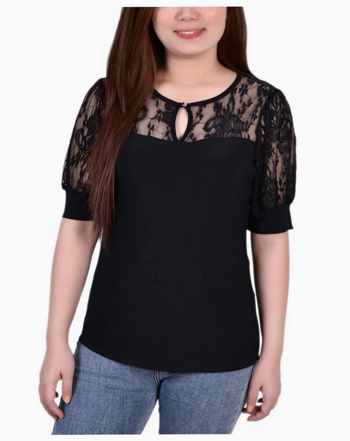 Women's Short Puff Sleeve Top with Lace Sleeves and Yoke